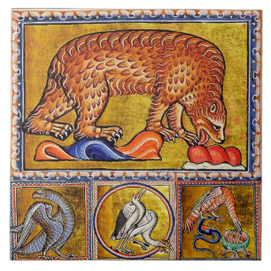 WEIRD MEDIEVAL BESTIARY,BEAR,FOREST ANIMALS BIRDS CERAMIC TILE