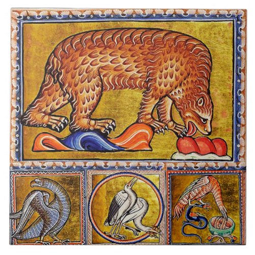 WEIRD MEDIEVAL BESTIARYBEARFOREST ANIMALS BIRDS CERAMIC TILE