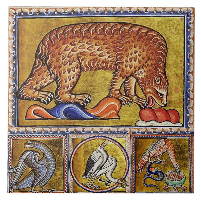 WEIRD MEDIEVAL BESTIARY,BEAR,FOREST ANIMALS BIRDS CERAMIC TILE (Front)