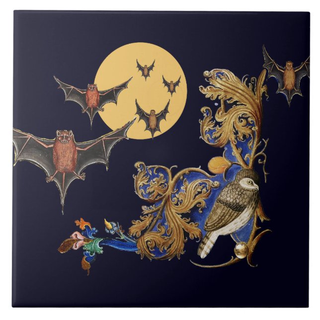 WEIRD MEDIEVAL BESTIARY,BIRD,BATS IN NIGHT BLUE  CERAMIC TILE (Front)