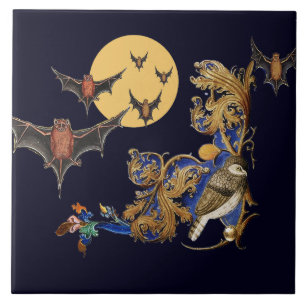 WEIRD MEDIEVAL BESTIARY,BIRD,BATS IN NIGHT BLUE CERAMIC TILE