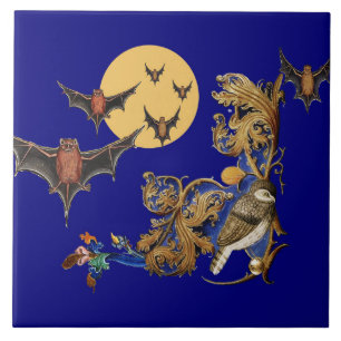 WEIRD MEDIEVAL BESTIARY,BLUE BIRD,BATS IN NIGHT CERAMIC TILE