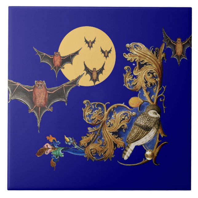 WEIRD MEDIEVAL BESTIARY,BLUE BIRD,BATS IN NIGHT  CERAMIC TILE (Front)