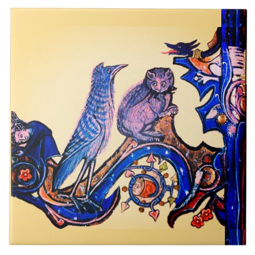 WEIRD MEDIEVAL BESTIARY BLUE CAT AND CUCKOO BIRD C CERAMIC TILE