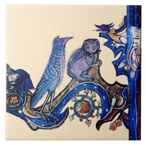 WEIRD MEDIEVAL BESTIARY BLUE CAT AND CUCKOO BIRD CERAMIC TILE