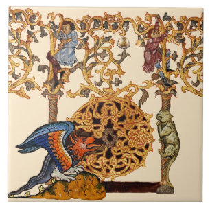 WEIRD MEDIEVAL BESTIARY Dragon and Cat Ceramic Tile