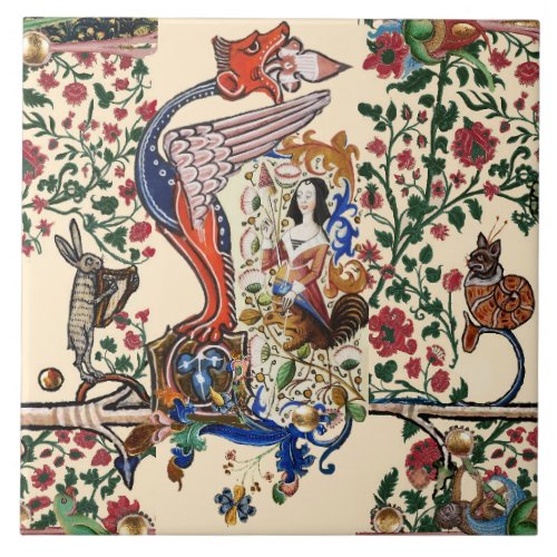 WEIRD MEDIEVAL BESTIARY Dragon and Spinning Harpy Ceramic Tile