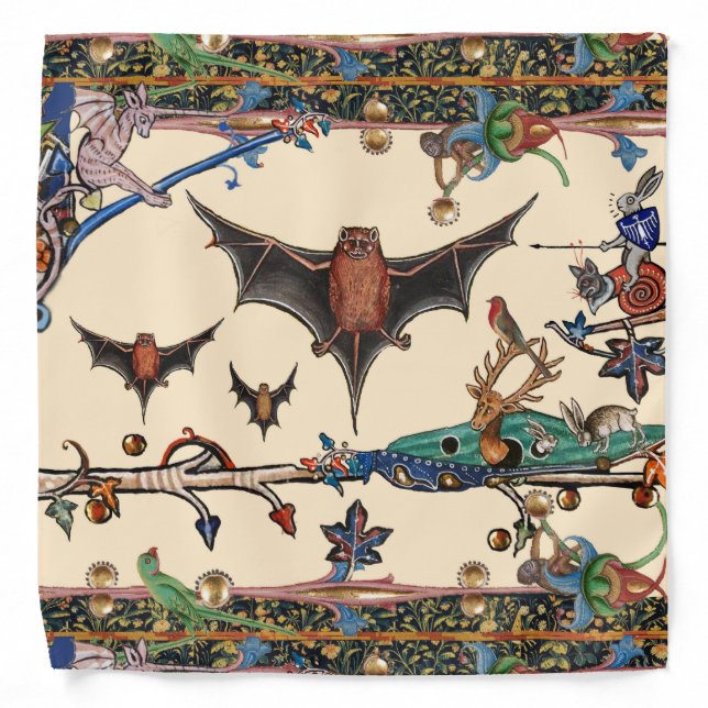 WEIRD MEDIEVAL BESTIARY,FLYING BATS FOREST ANIMALS BANDANA (Front)