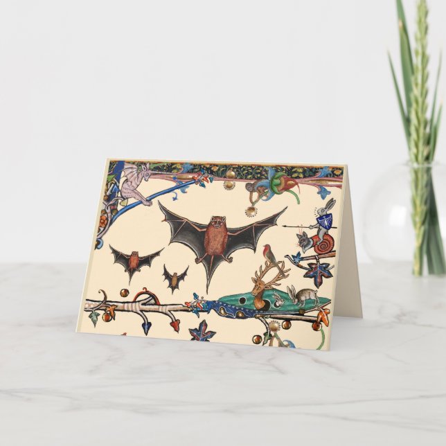 WEIRD MEDIEVAL BESTIARY,FLYING BATS FOREST ANIMALS HOLIDAY CARD (Front)