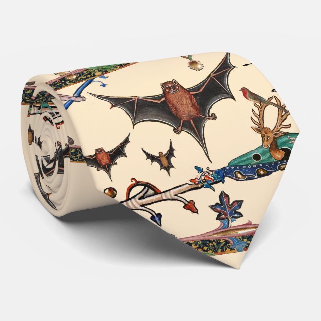 WEIRD MEDIEVAL BESTIARY,FLYING BATS FOREST ANIMALS NECK TIE (Rolled)