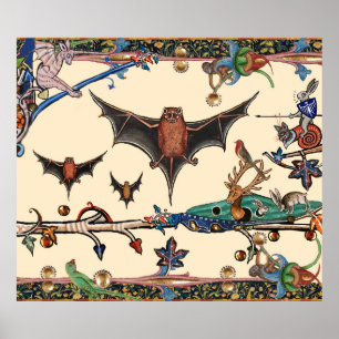 WEIRD MEDIEVAL BESTIARY,FLYING BATS FOREST ANIMALS POSTER
