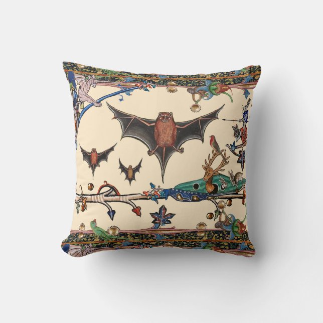 WEIRD MEDIEVAL BESTIARY,FLYING BATS FOREST ANIMALS THROW PILLOW (Front)