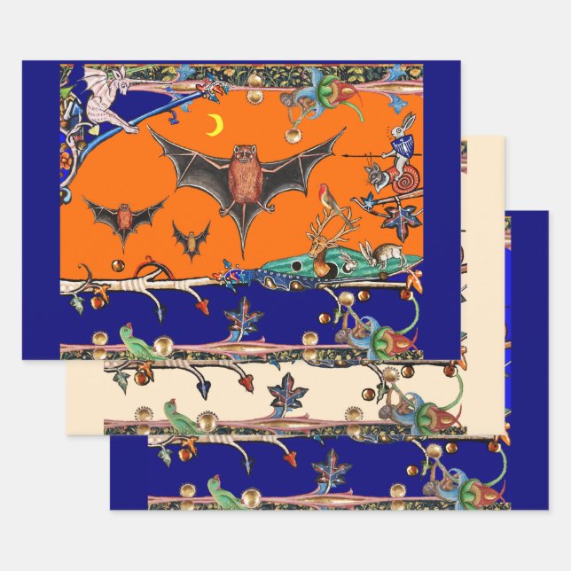 WEIRD MEDIEVAL BESTIARY,FLYING BATS FOREST ANIMALS WRAPPING PAPER SHEETS (Set)