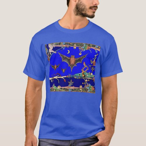 WEIRD MEDIEVAL BESTIARYFLYING BATS IN NIGHT BLUE  T_Shirt