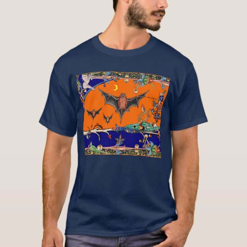 WEIRD MEDIEVAL BESTIARYFLYING BATS IN NIGHT BLUE  T_Shirt