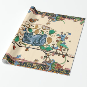 WEIRD MEDIEVAL BESTIARY HUNTER CAT,BIRD AND FALCON WRAPPING PAPER