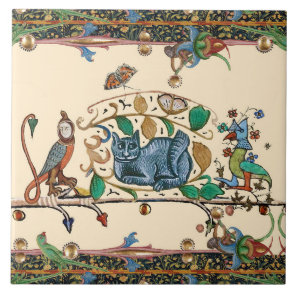 WEIRD MEDIEVAL BESTIARY HUNTER CAT,BIRD, FALCON CERAMIC TILE