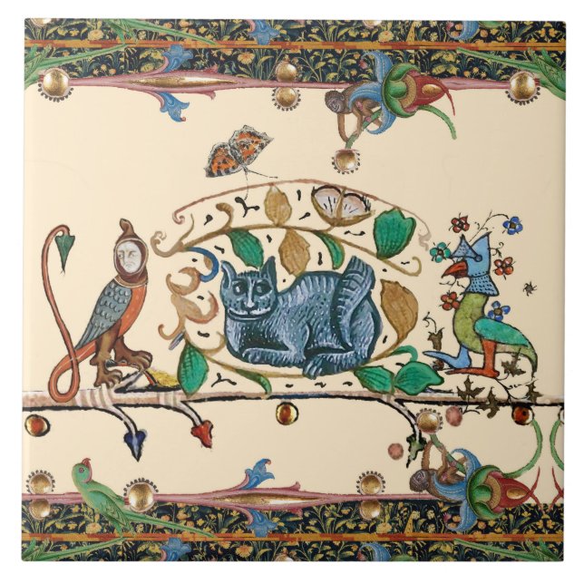 WEIRD MEDIEVAL BESTIARY HUNTER CAT,BIRD, FALCON CERAMIC TILE (Front)