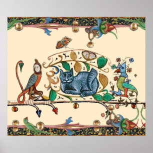 WEIRD MEDIEVAL BESTIARY HUNTER CAT,BIRD, FALCON POSTER