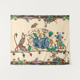 WEIRD MEDIEVAL BESTIARY HUNTER CAT,BIRD, FALCON TAPESTRY