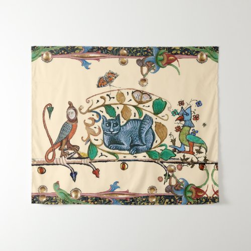 WEIRD MEDIEVAL BESTIARY HUNTER CATBIRD FALCON TAPESTRY