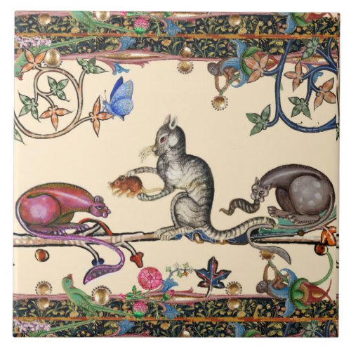 WEIRD MEDIEVAL BESTIARYHUNTER CATS AND MOUSE CERA CERAMIC TILE