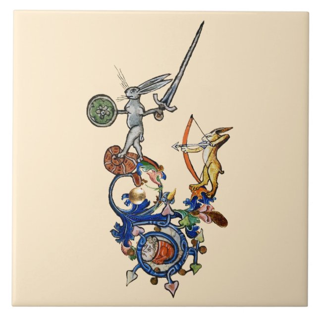 WEIRD MEDIEVAL BESTIARY,Killer Rabbits with Sword  Ceramic Tile (Front)