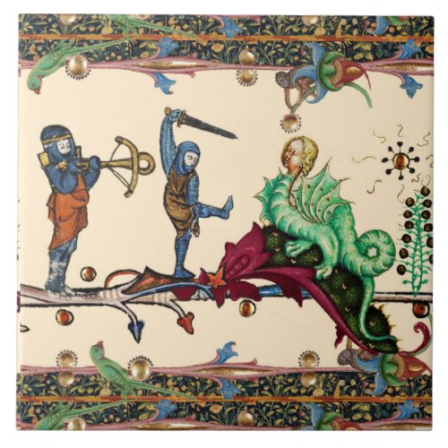 WEIRD MEDIEVAL BESTIARY KNIGHTS AND HYBRID DRAGON CERAMIC TILE