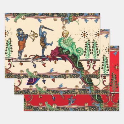 WEIRD MEDIEVAL BESTIARY ,KNIGHTS AND HYBRID DRAGON WRAPPING PAPER SHEETS
