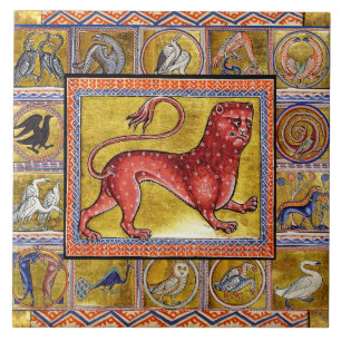 WEIRD MEDIEVAL BESTIARY,LEOPARD,FOREST ANIMALS CERAMIC TILE