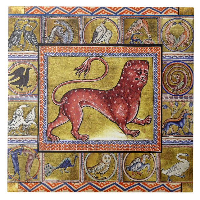 WEIRD MEDIEVAL BESTIARY,LEOPARD,FOREST ANIMALS CERAMIC TILE (Front)