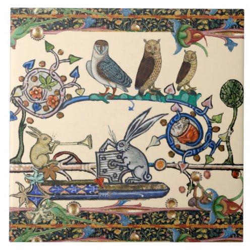 WEIRD MEDIEVAL BESTIARY MAKING MUSIC Owls Rabbits Ceramic Tile