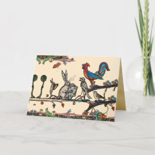 WEIRD MEDIEVAL BESTIARY MAKING MUSIC,Rabbit,Birds Holiday Card
