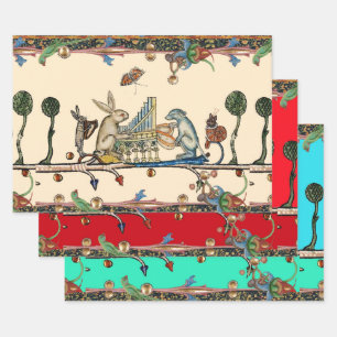 WEIRD MEDIEVAL BESTIARY MAKING MUSIC,Rabbit, Dog Wrapping Paper Sheets