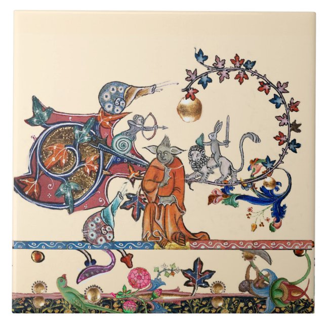 WEIRD MEDIEVAL BESTIARY,MONSTER MONK Snail,Rabbit Ceramic Tile (Front)