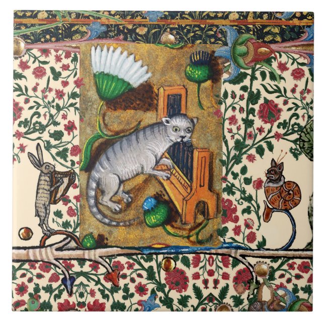 WEIRD MEDIEVAL BESTIARY, MUSIC,CAT PLAYING ORGAN   CERAMIC TILE (Front)