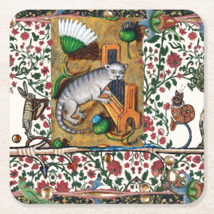 WEIRD MEDIEVAL BESTIARY MUSIC,CAT PLAYING ORGAN SQUARE PAPER COASTER