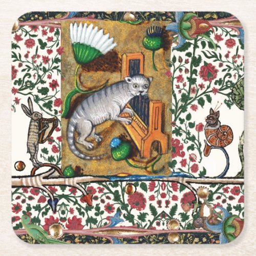 WEIRD MEDIEVAL BESTIARY MUSICCAT PLAYING ORGAN  SQUARE PAPER COASTER