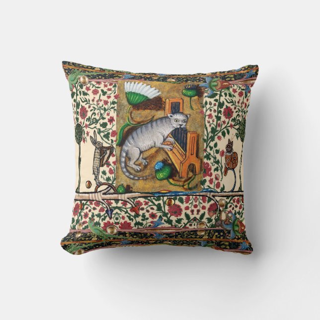 WEIRD MEDIEVAL BESTIARY MUSIC,CAT PLAYING ORGAN  THROW PILLOW (Front)