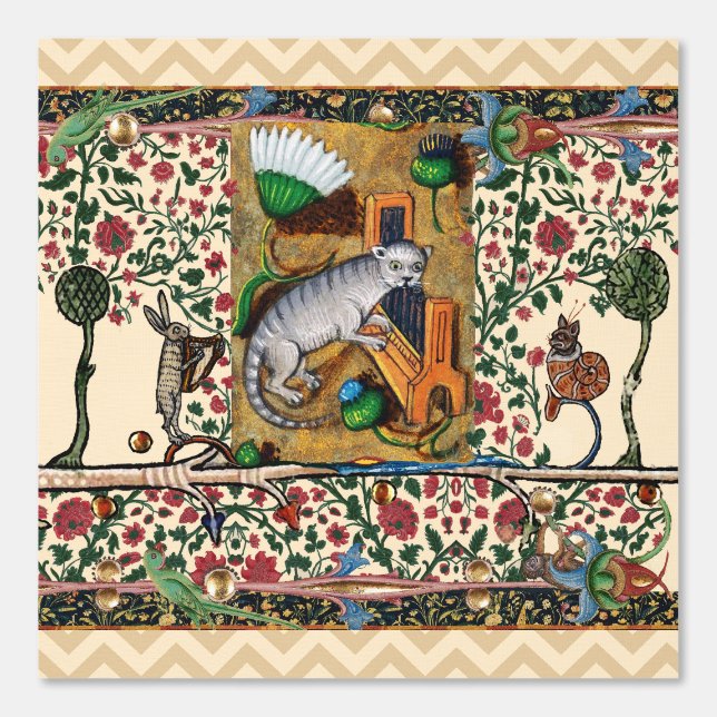 WEIRD MEDIEVAL BESTIARY, MUSIC,CAT PLAYING ORGAN   WALLPAPER  (Front)