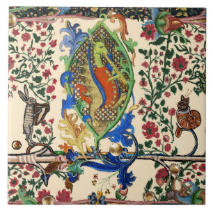 WEIRD MEDIEVAL BESTIARY MUSIC,DRAGON PLAYING FLUTE CERAMIC TILE