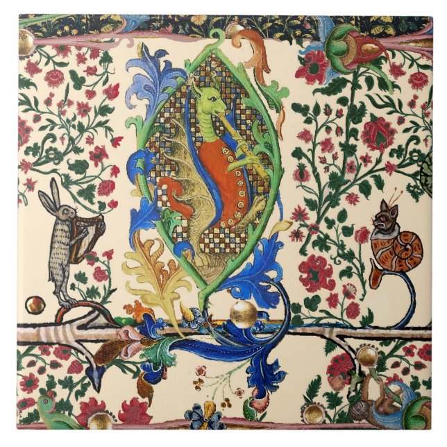 WEIRD MEDIEVAL BESTIARY MUSIC,DRAGON PLAYING FLUTE CERAMIC TILE (Front)