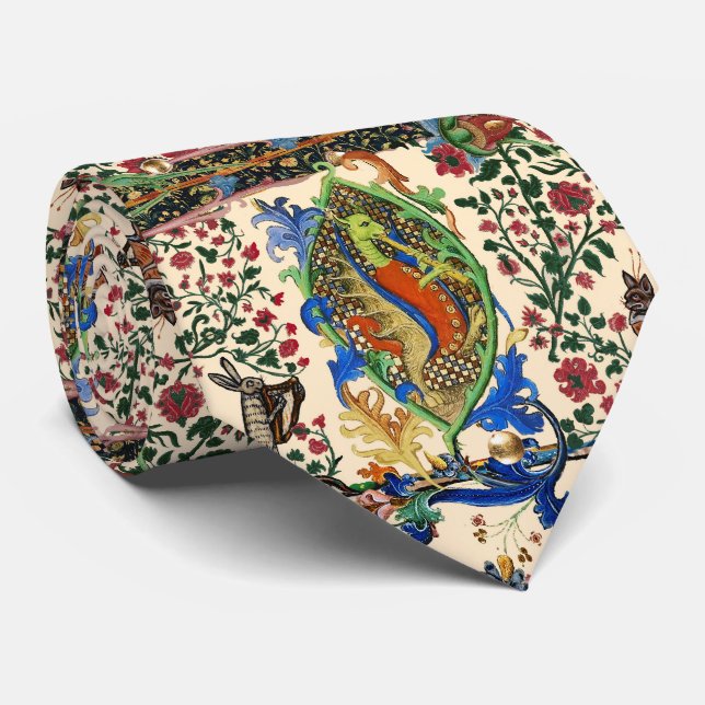 WEIRD MEDIEVAL BESTIARY MUSIC,DRAGON PLAYING FLUTE NECK TIE (Rolled)