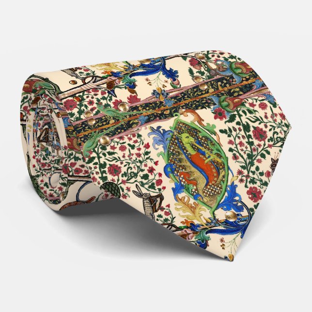 WEIRD MEDIEVAL BESTIARY MUSIC,DRAGON PLAYING FLUTE NECK TIE (Rolled)