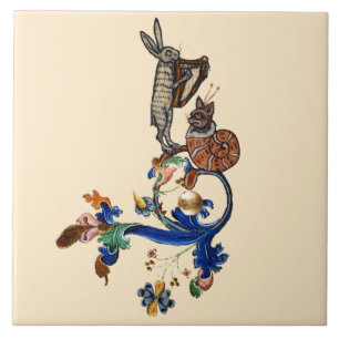 WEIRD MEDIEVAL BESTIARY MUSIC,HARPIST HARE CERAMIC TILE
