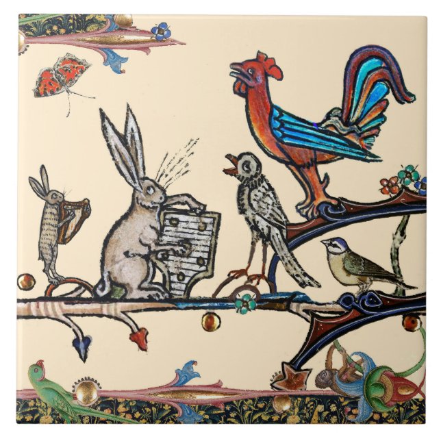 WEIRD MEDIEVAL BESTIARY,MUSIC MAKING RABBITS,BIRDS CERAMIC TILE (Front)
