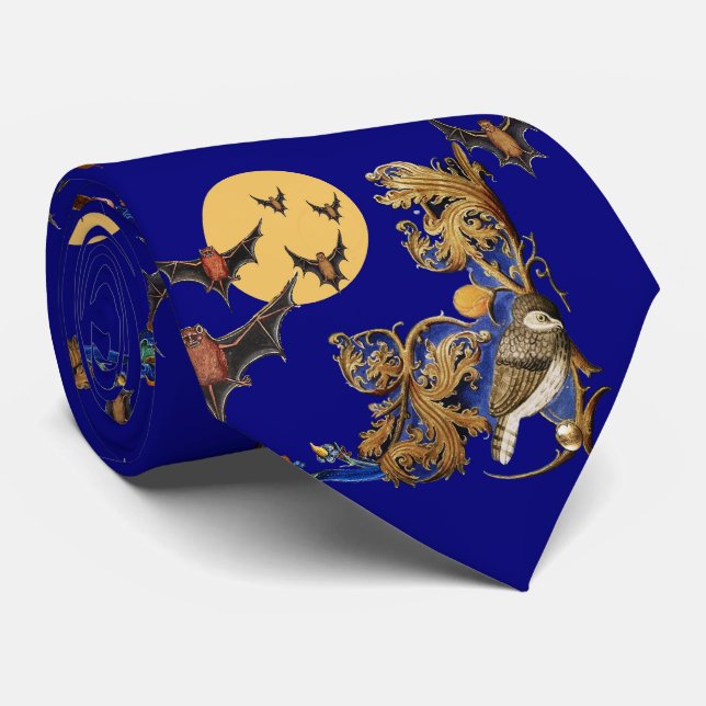 WEIRD MEDIEVAL BESTIARY,NIGHT BIRD,BATS IN BLUE  NECK TIE (Rolled)