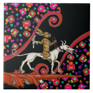 WEIRD MEDIEVAL BESTIARY Rabbit Riding a White Dog Ceramic Tile