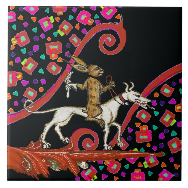 WEIRD MEDIEVAL BESTIARY Rabbit Riding a White Dog  Ceramic Tile (Front)