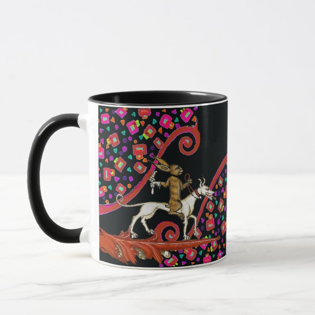 WEIRD MEDIEVAL BESTIARY Rabbit Riding a White Dog Mug (Left)